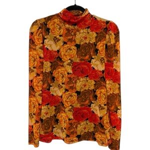 Jane + Delancey Floral Print Mock Turtleneck Mesh Long Sleeve Fall Size Small